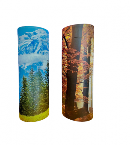 Urne en carton pour dispersion pleine nature, motif montagne ou forêt,